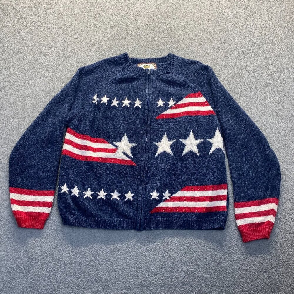 Vintage‎ Tiara International Sweater Full Zip USA Patriotic American Flag Large